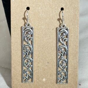 2/$20 Silver tone long rectangular filigree & swirl hook earrings